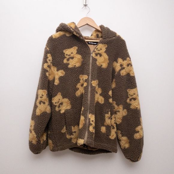 Aelfric Eden Teddy Bear Print Sherpa Hoodie Jacket Size Small - Picture 2 of 11